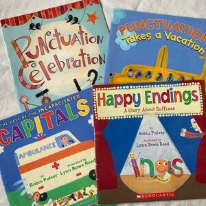 4 book collection about punctuation, capitalization, and suffixes